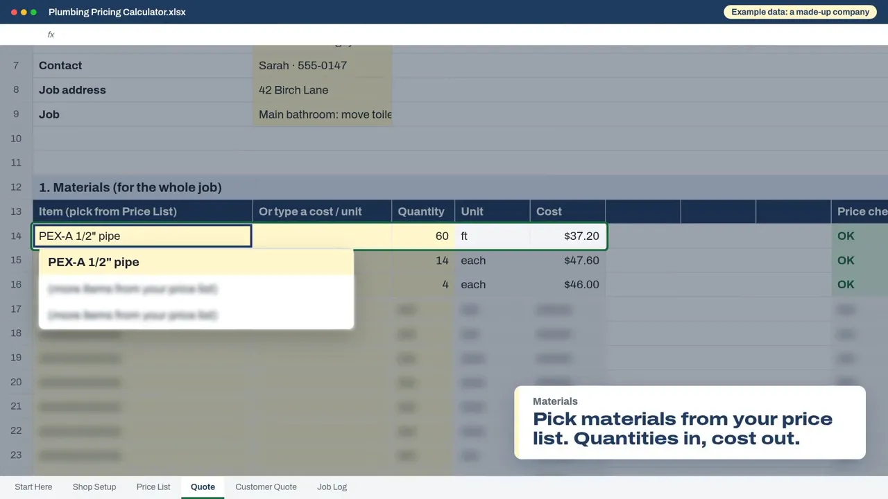 The Quote tab: picking a material from the Price List