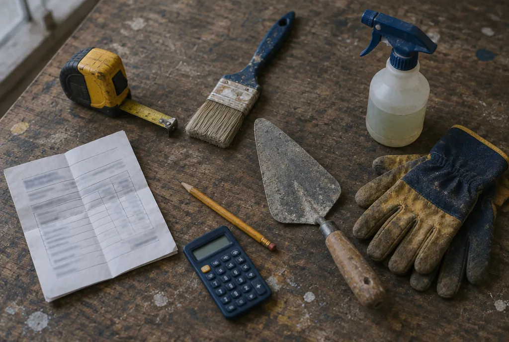 Everyday tools of small trades on a workbench: tape measure, brush, trowel, gloves and a calculator