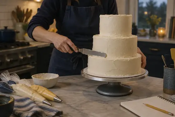 A baker smoothing buttercream on a three-tier cake on a turntable