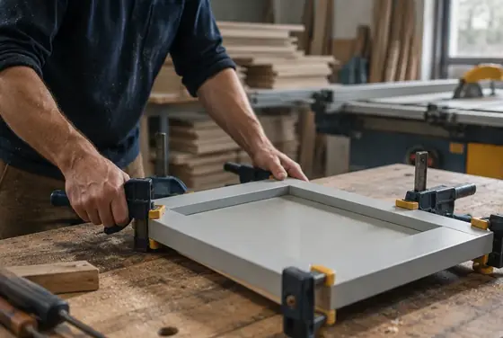 A cabinetmaker clamping a painted shaker cabinet door frame on a workbench