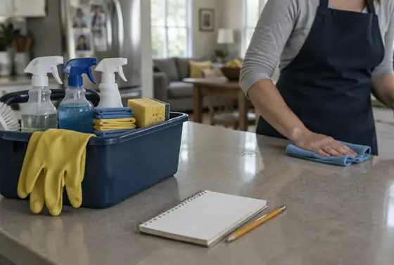 A house cleaner's supply caddy, gloves and a notebook on a kitchen counter while the counter is wiped down
