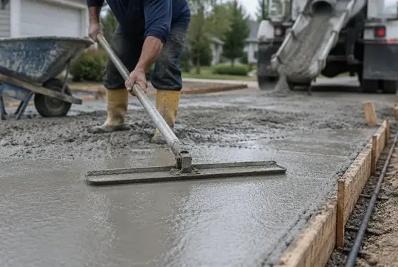 A concrete finisher working a bull float across a freshly poured driveway