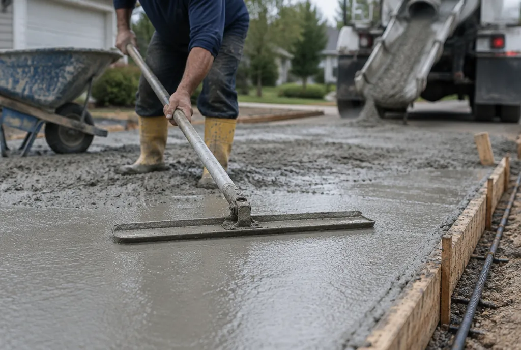 A concrete finisher working a bull float across a freshly poured driveway