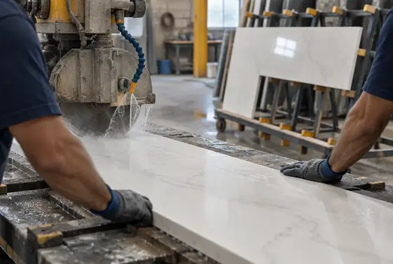 A slab of white quartz being cut on a bridge saw in a countertop shop