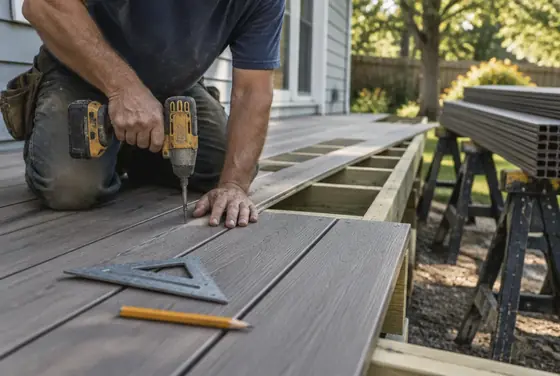 A deck builder fastening composite deck boards to the joists of a new backyard deck