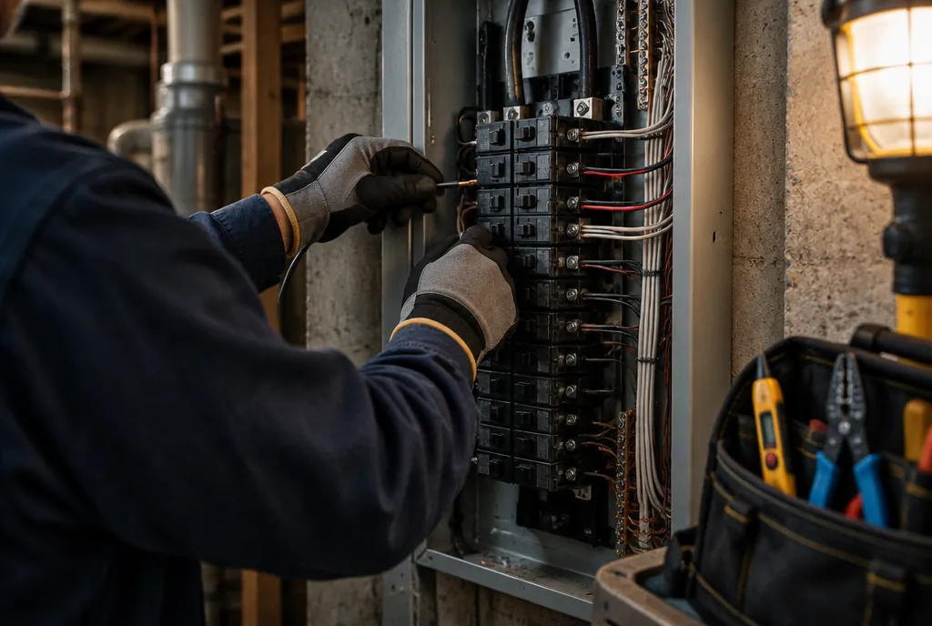 An electrician landing a wire on a breaker in an open residential panel