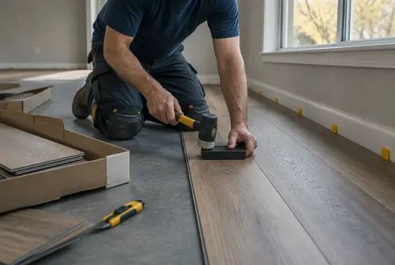 A flooring installer clicking luxury vinyl planks into place with a tapping block