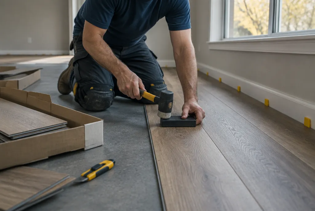 A flooring installer clicking luxury vinyl planks into place with a tapping block