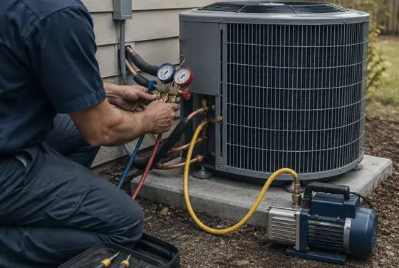 An HVAC technician connecting refrigerant gauges to a new outdoor condenser