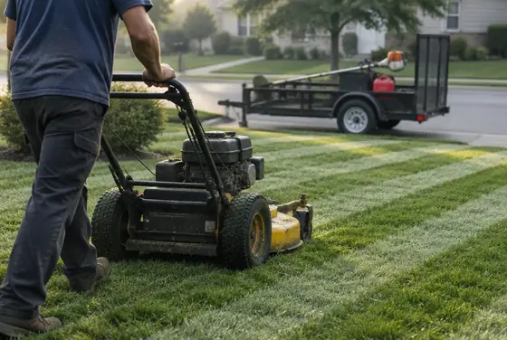 A lawn care worker mowing stripes into a front lawn, with the trimmer trailer at the curb