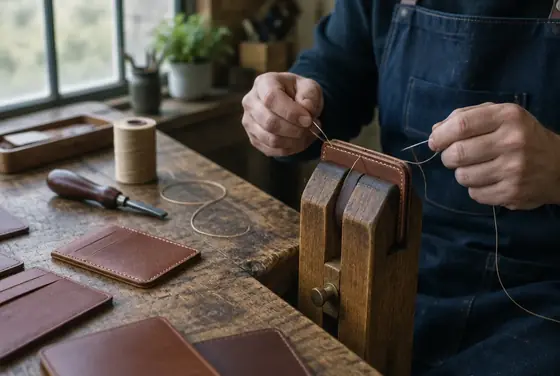 A leather card wallet being saddle-stitched in a stitching pony