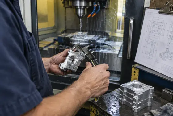 A machinist checking a freshly machined aluminum bracket with calipers beside a CNC mill