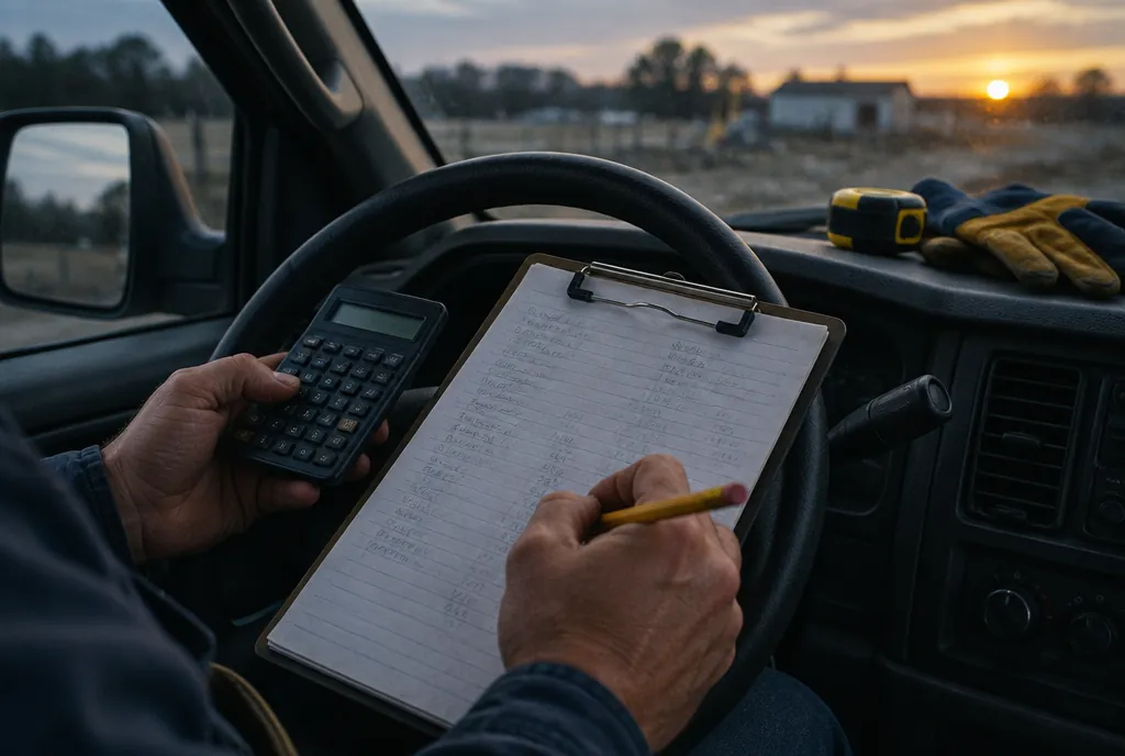 A handwritten estimate and a calculator on a clipboard in a work truck