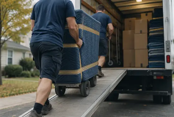 Movers wheeling a padded dresser up the ramp into a moving truck