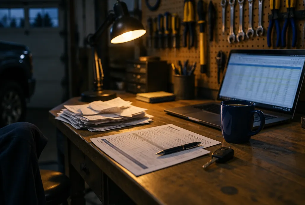 A workshop desk with a stack of bills, receipts and a laptop spreadsheet