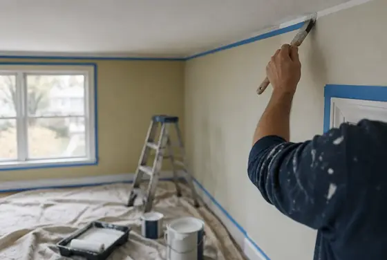 A painter cutting in a clean line along the ceiling of an empty room