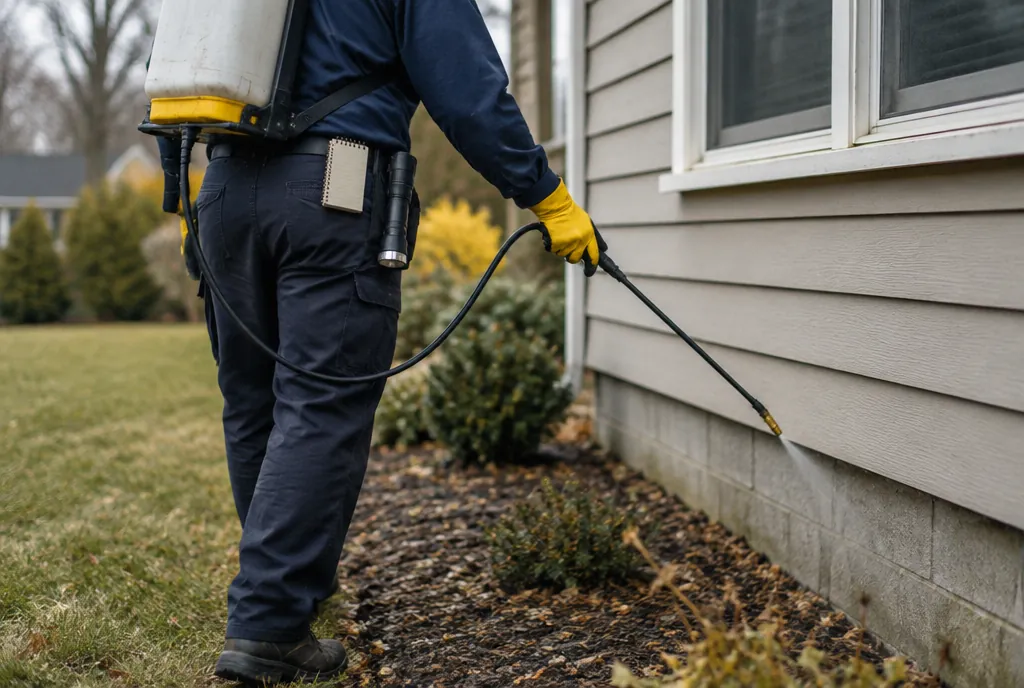 A pest control technician spraying a perimeter band along a house foundation
