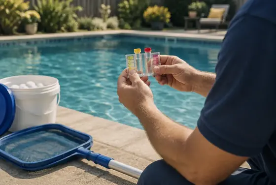 A pool technician holding a water test kit at the edge of a backyard pool