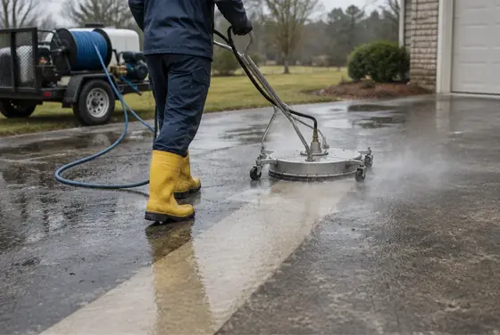 A surface cleaner cutting a clean stripe through a grimy concrete driveway