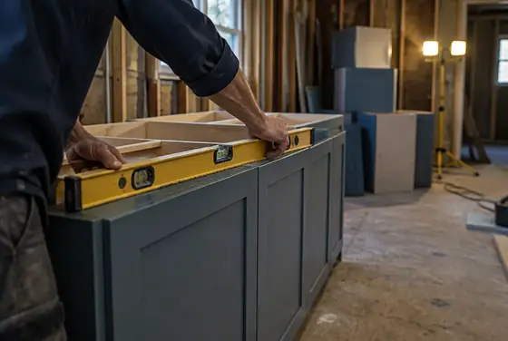 A contractor leveling newly installed base cabinets in a gutted kitchen