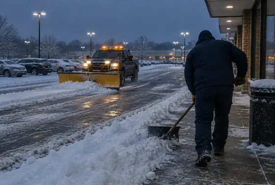 A plow truck clearing a parking lot at dawn while a worker shovels the storefront walk