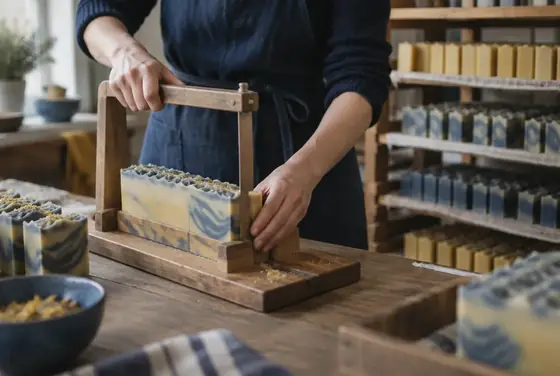 A loaf of handmade soap being cut into bars with a wire cutter