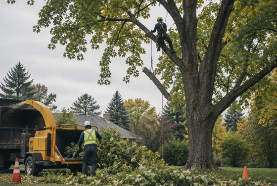 A tree climber rigging a limb high in a maple while a ground worker feeds the chipper