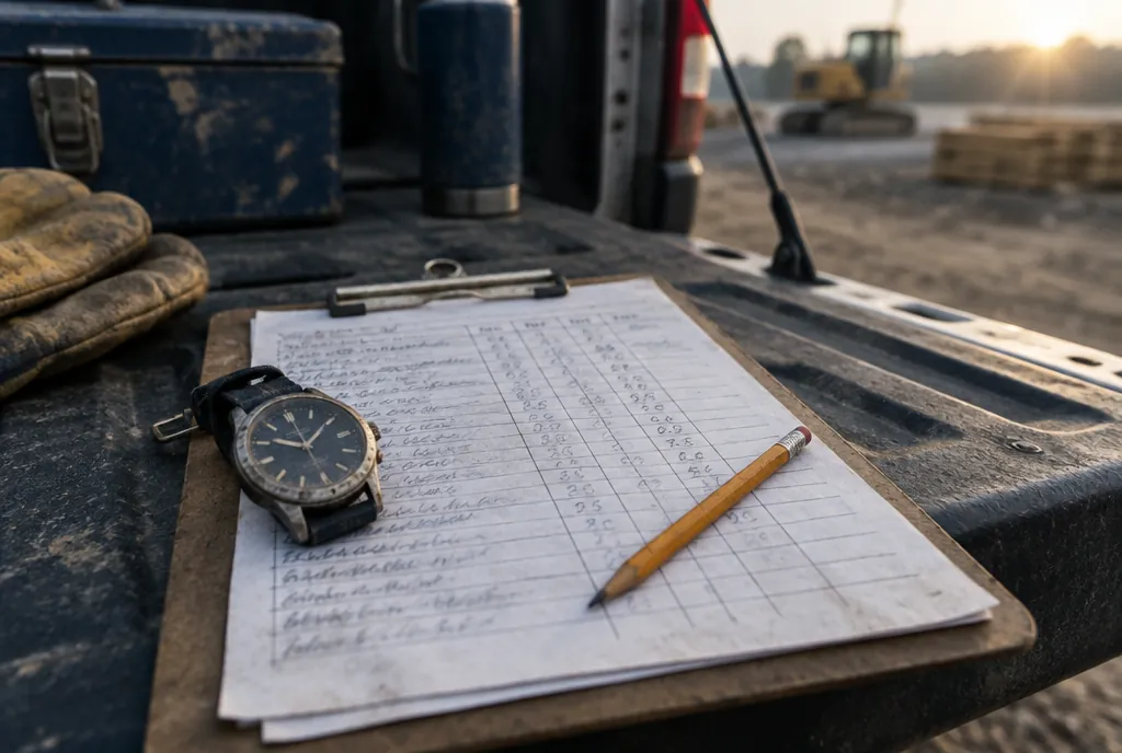 A paper timesheet and a wristwatch on a truck tailgate at a job site