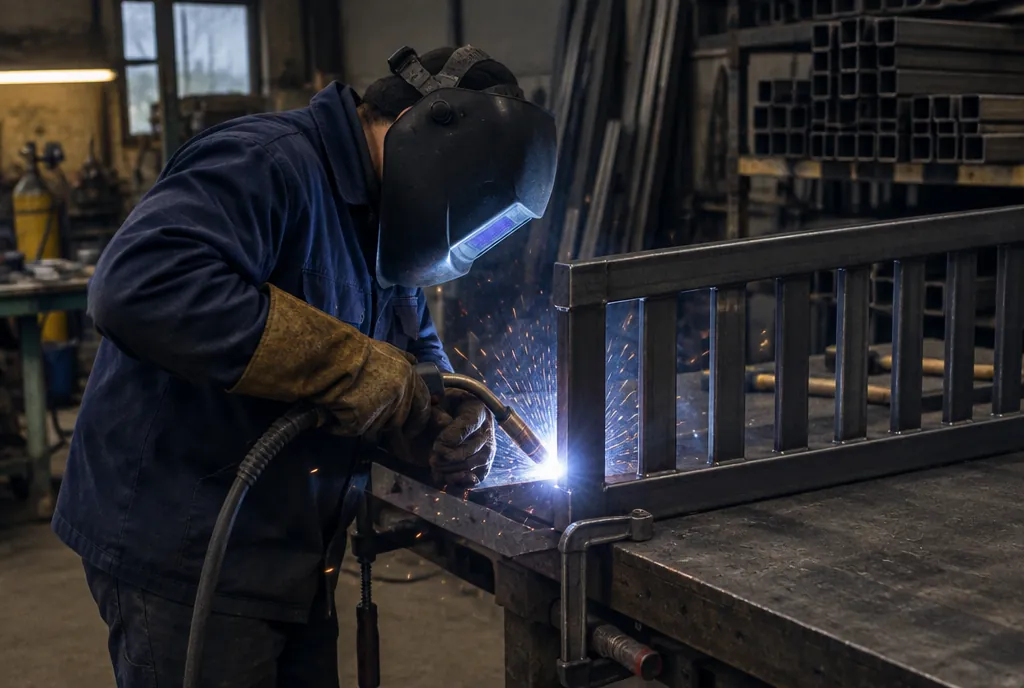 A welder MIG welding a steel railing panel clamped to a shop bench