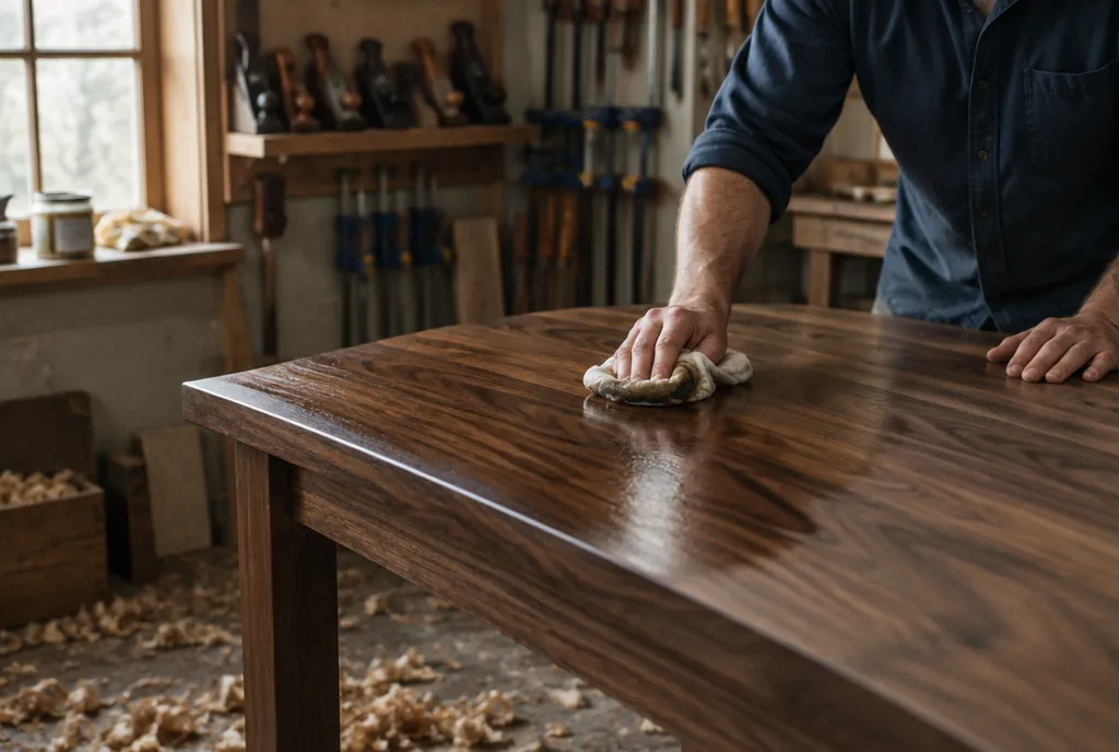 A woodworker rubbing oil finish into a solid walnut coffee table top